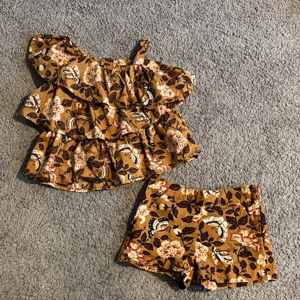 Janie and Jack Floral Ruffle Outfit in Brown and Cream